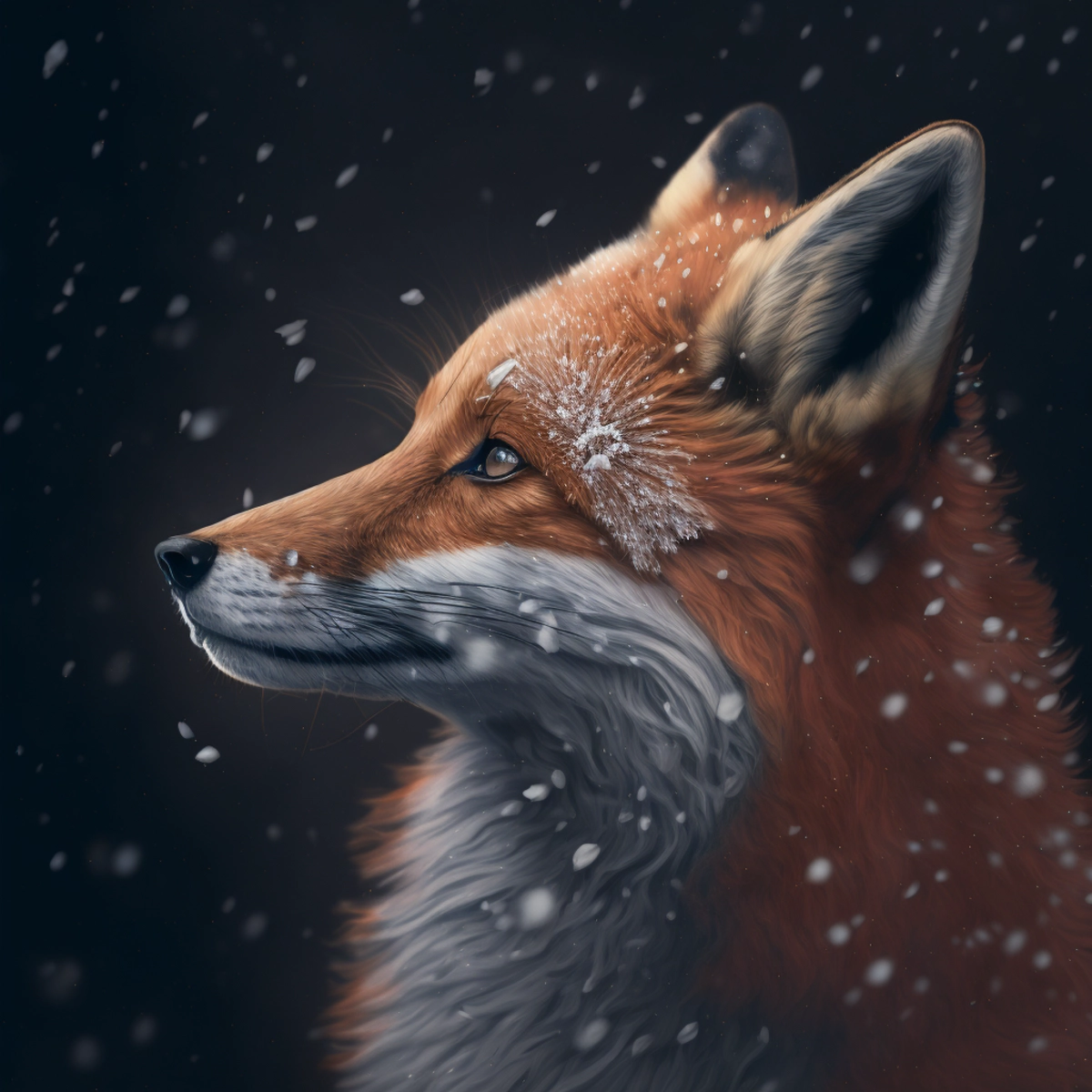 Un portrait en gros plan d'un renard curieux, avec des flocons de neige reposant sur sa fourrure