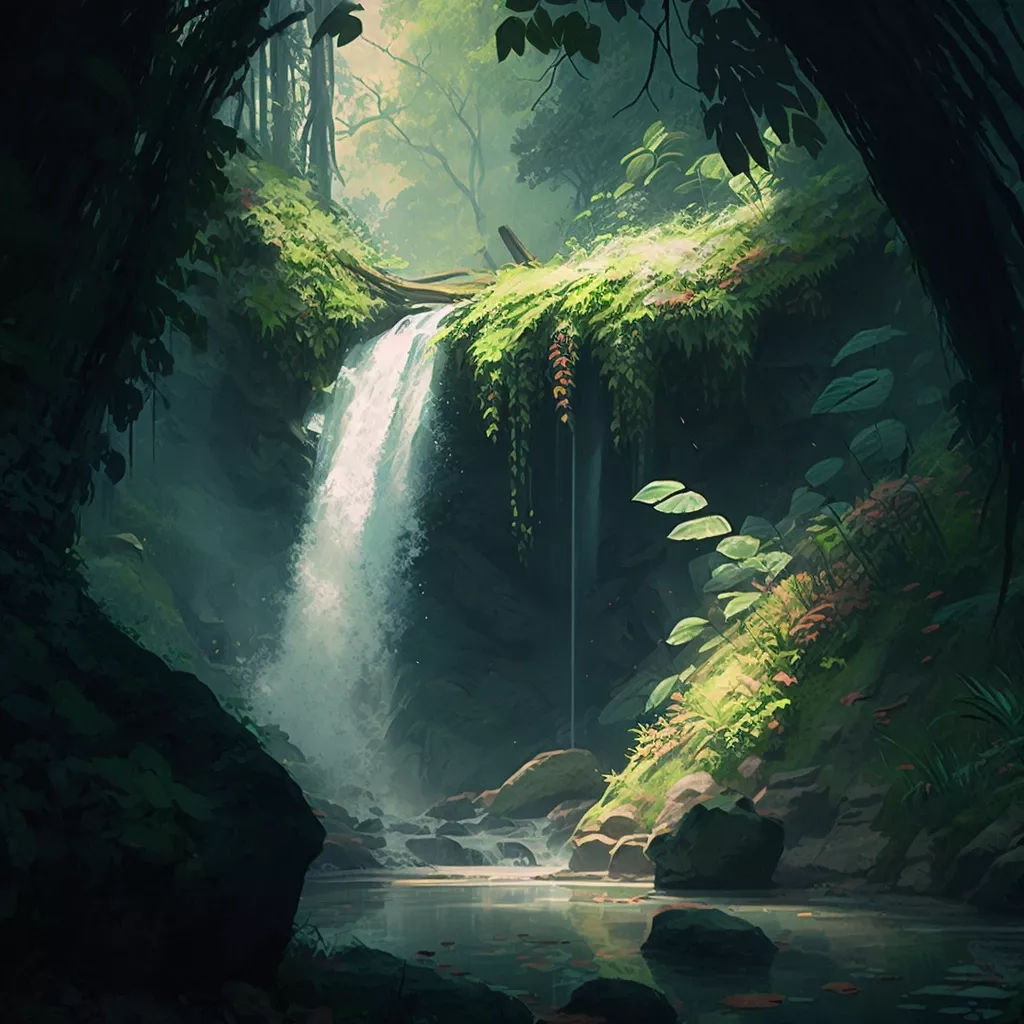 Une cascade sereine dans une forêt tropicale luxuriante, avec la lumière du soleil filtrant à travers la canopée