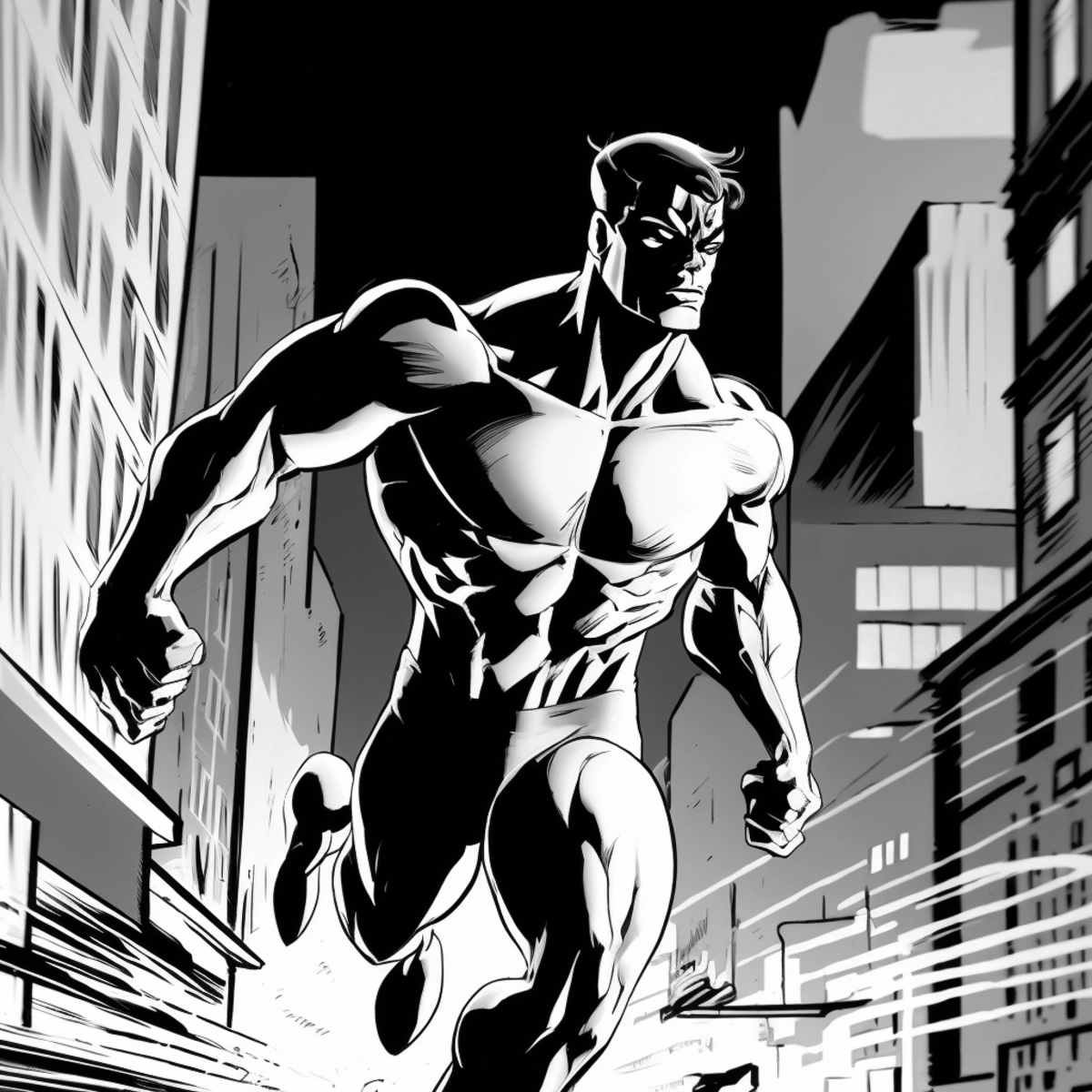 Une illustration dynamique de style bande dessinée d'un super-héros sautant dans l'action, avec un paysage urbain en arrière-plan