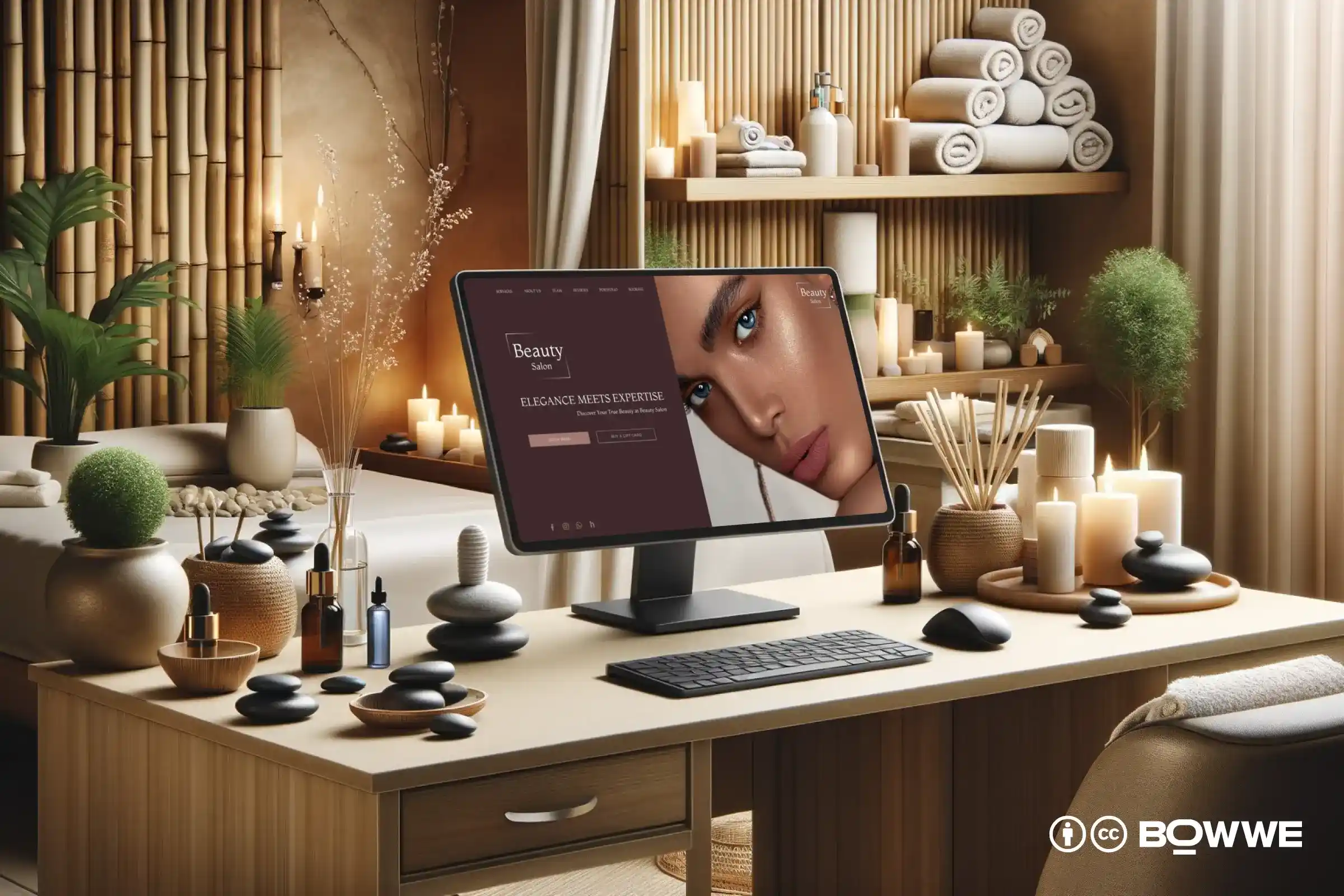 ordinateur portable debout sur le bureau avec un modèle de site Web élégant pour les salons de beauté à l'écran