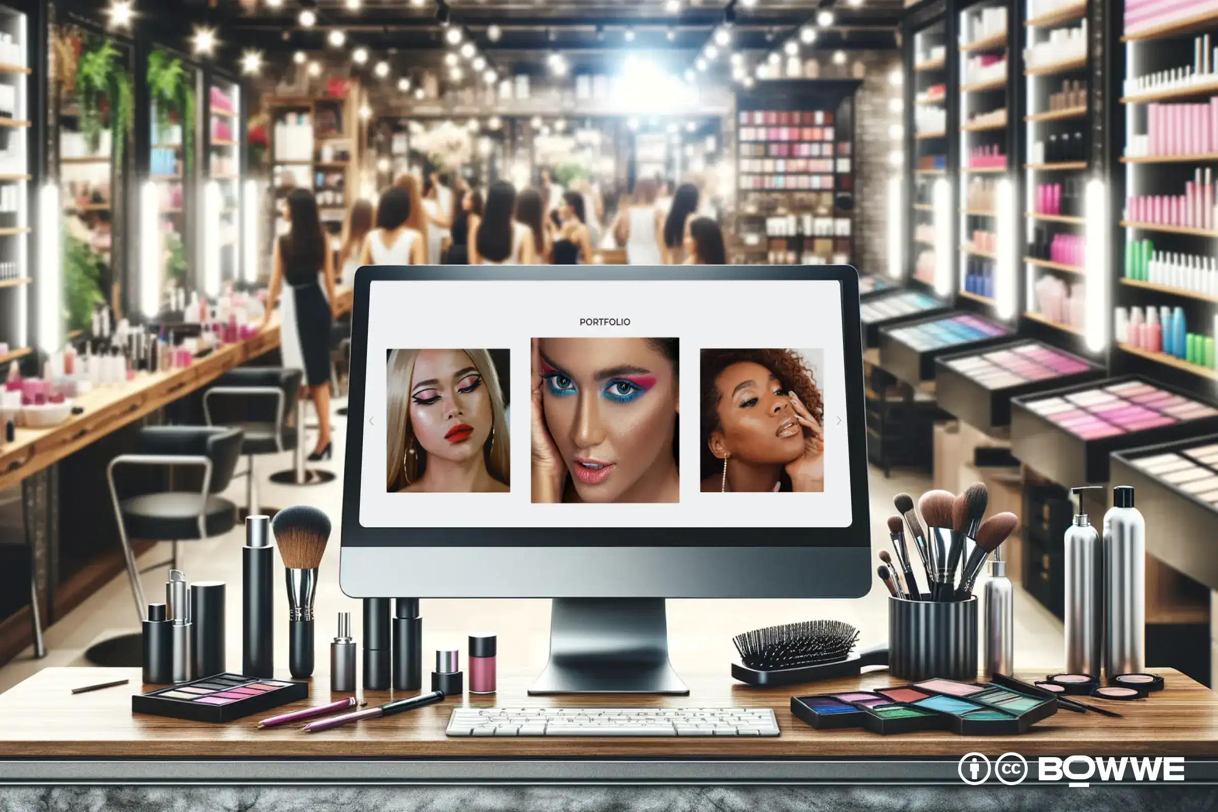 ordinateur portable avec section avec portfolio montrant les maquillages sur le modèle de site Web pour salon de maquillage